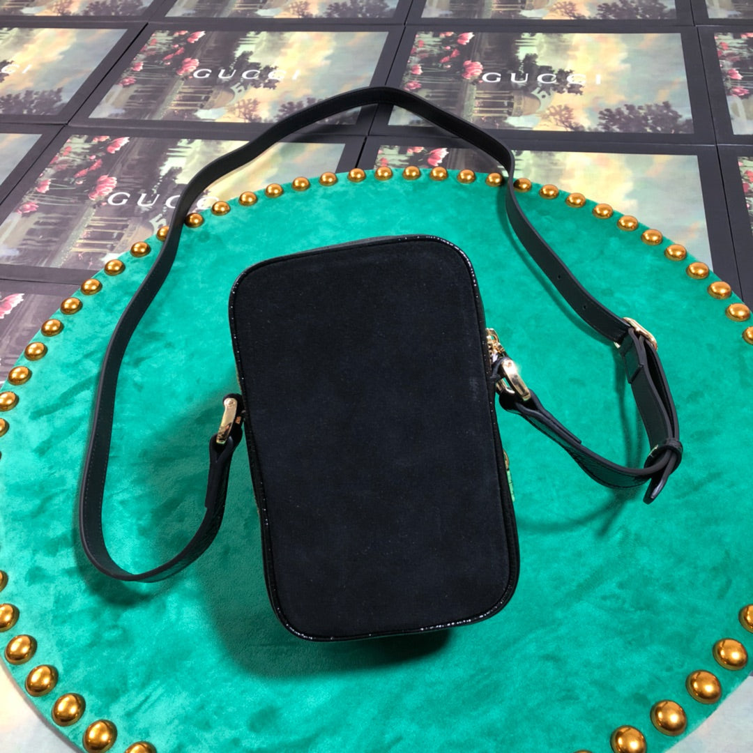 Gucci Retro Black Suede Crossbody Phone Bag with Red and Green Stripe