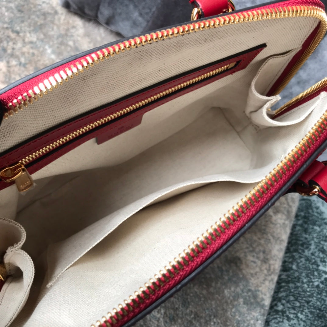Gucci Classic Red Leather Top Handle Handbag with Gold Horsebit Hardware