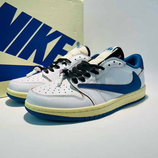 Travis Scott x Fragment x Air Jordan 1 Low OG SP "Military Blue" DM7866-140 Nike White Blue Sail Reverse Swoosh Cactus Jack Collaboration Sneakers Men's Women's Unisex