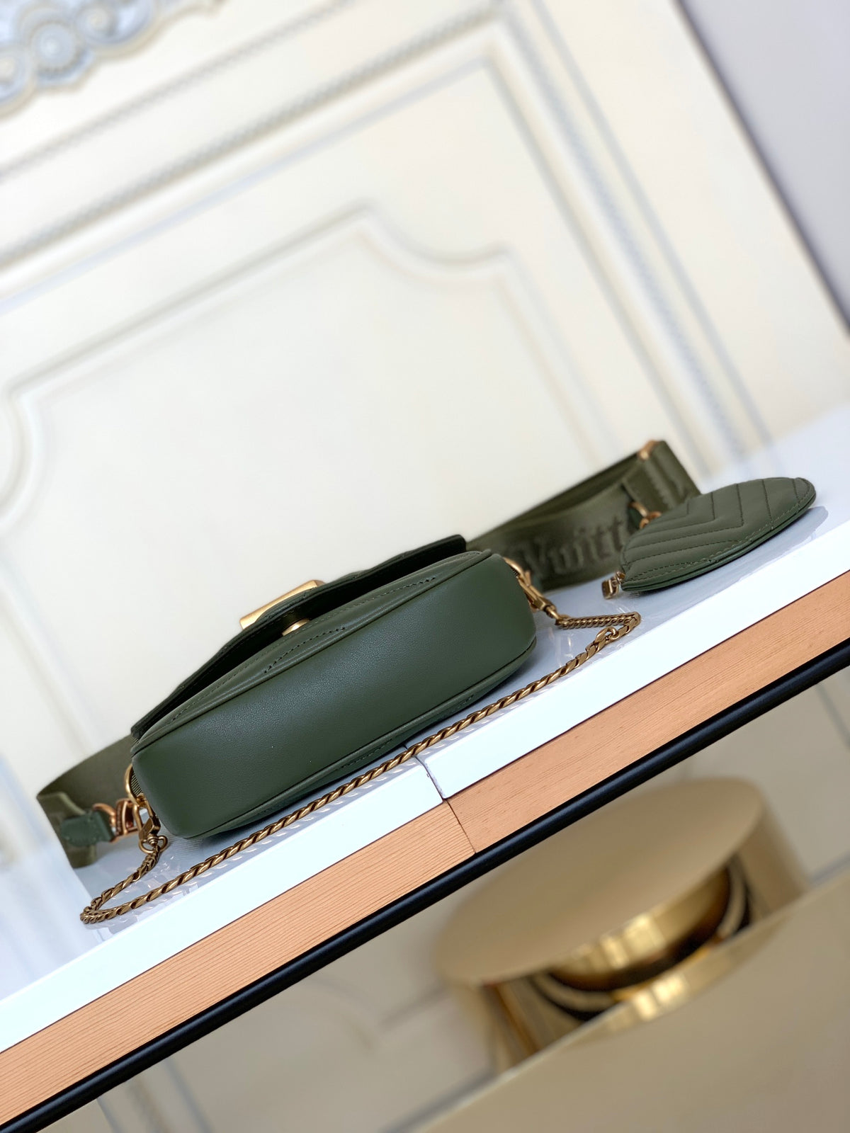 Louis Vuitton Chevron Quilted Olive Green Crossbody Shoulder Bag with Round Pouch
