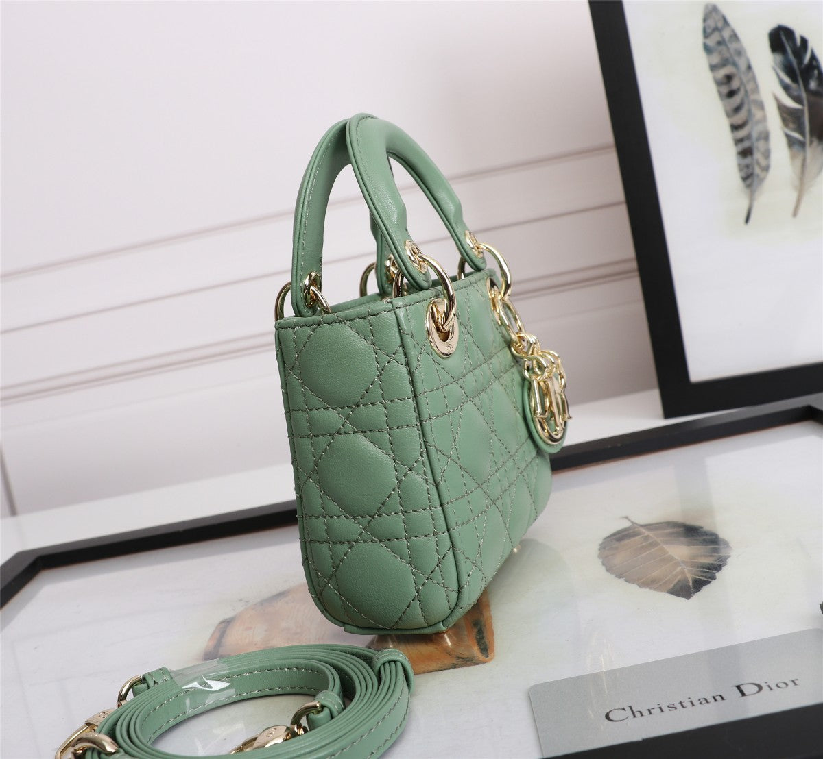 Lady Dior Mini Bag - Mint Green Cannage Lambskin Handbag with Gold-Tone Charms