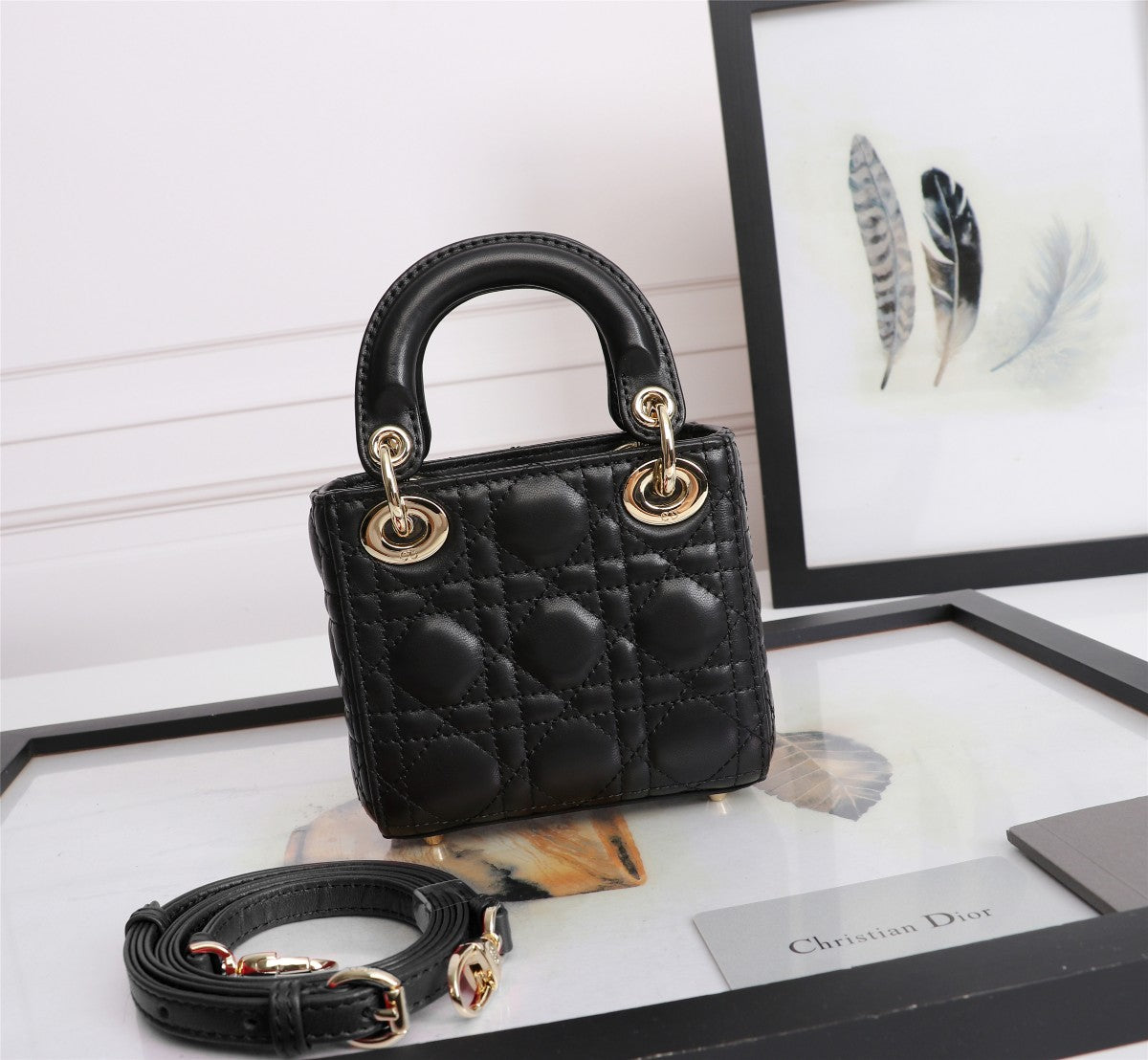Dior Mini Black Quilted Leather Crossbody Handbag with Gold Charms