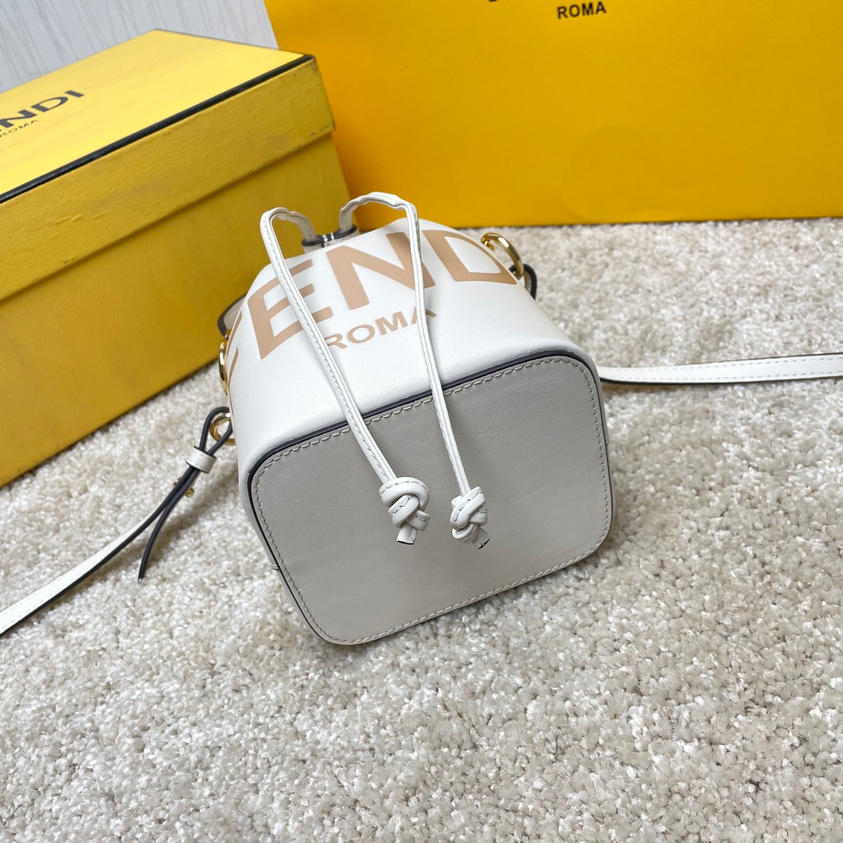 Fendi Mini Mon Tresor White Leather Bucket Bag with Fendi Roma Logo
