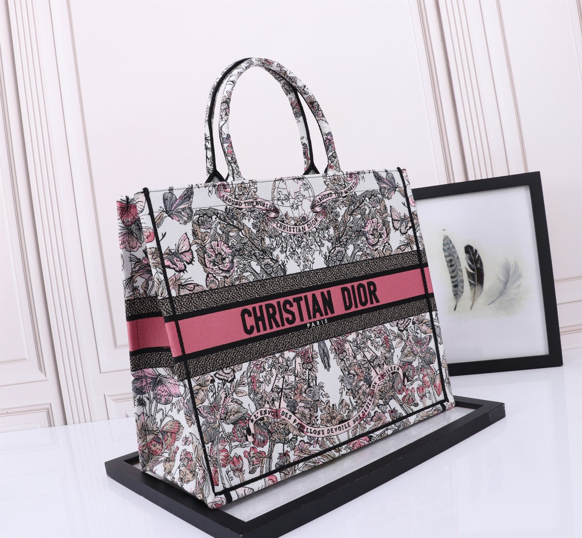 Christian Dior Large Book Tote Bag - Floral Embroidered Canvas with Pink Signature Band