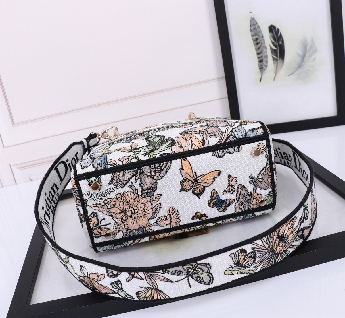 Christian Dior Lady D-Lite Bag with Butterfly Embroidery - White and Multicolor Handbag