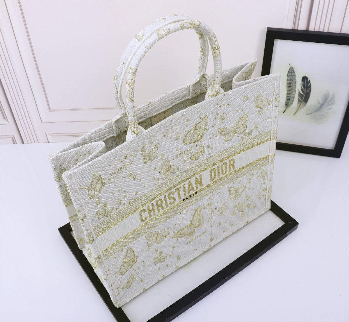Christian Dior Medium Book Tote - White and Gold Butterfly Embroidery