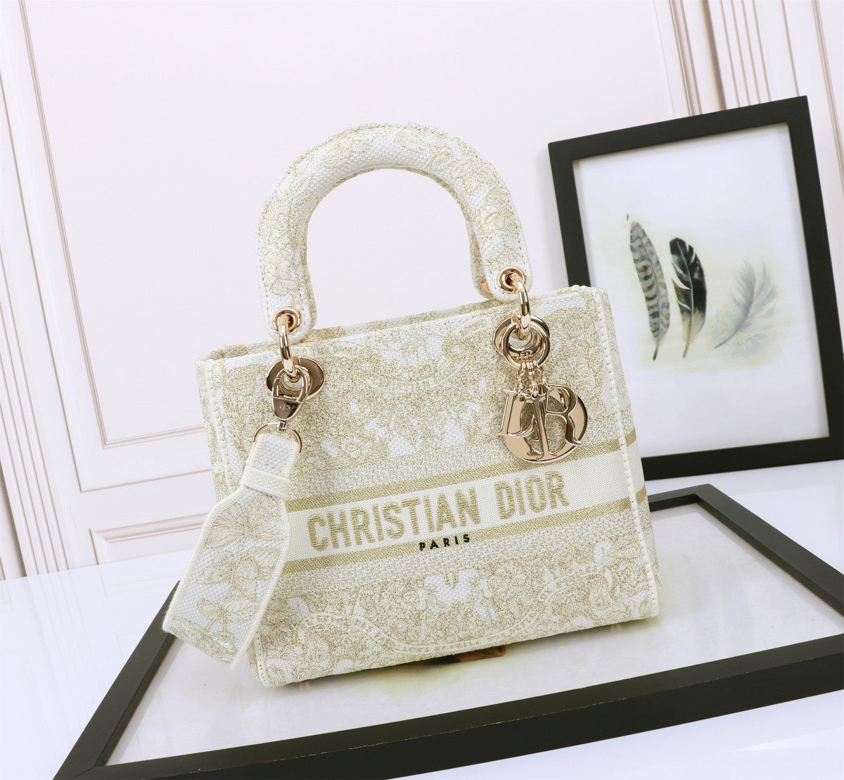Christian Dior Lady D-Lite Medium Bag - White Embroidered Toile de Jouy Canvas