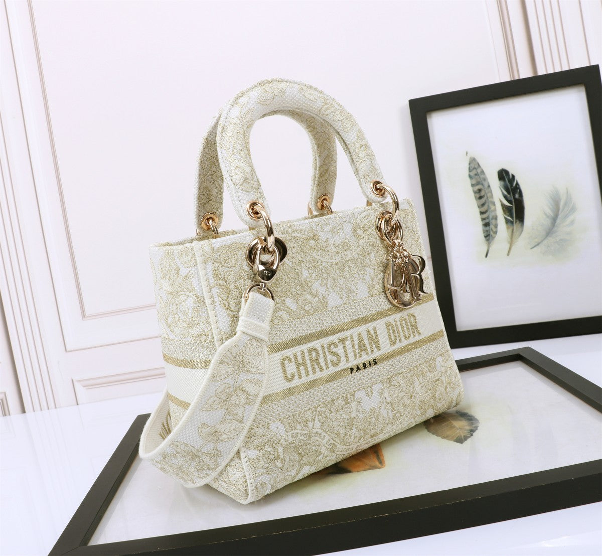 Christian Dior Lady D-Lite Medium Bag - White Embroidered Toile de Jouy Canvas