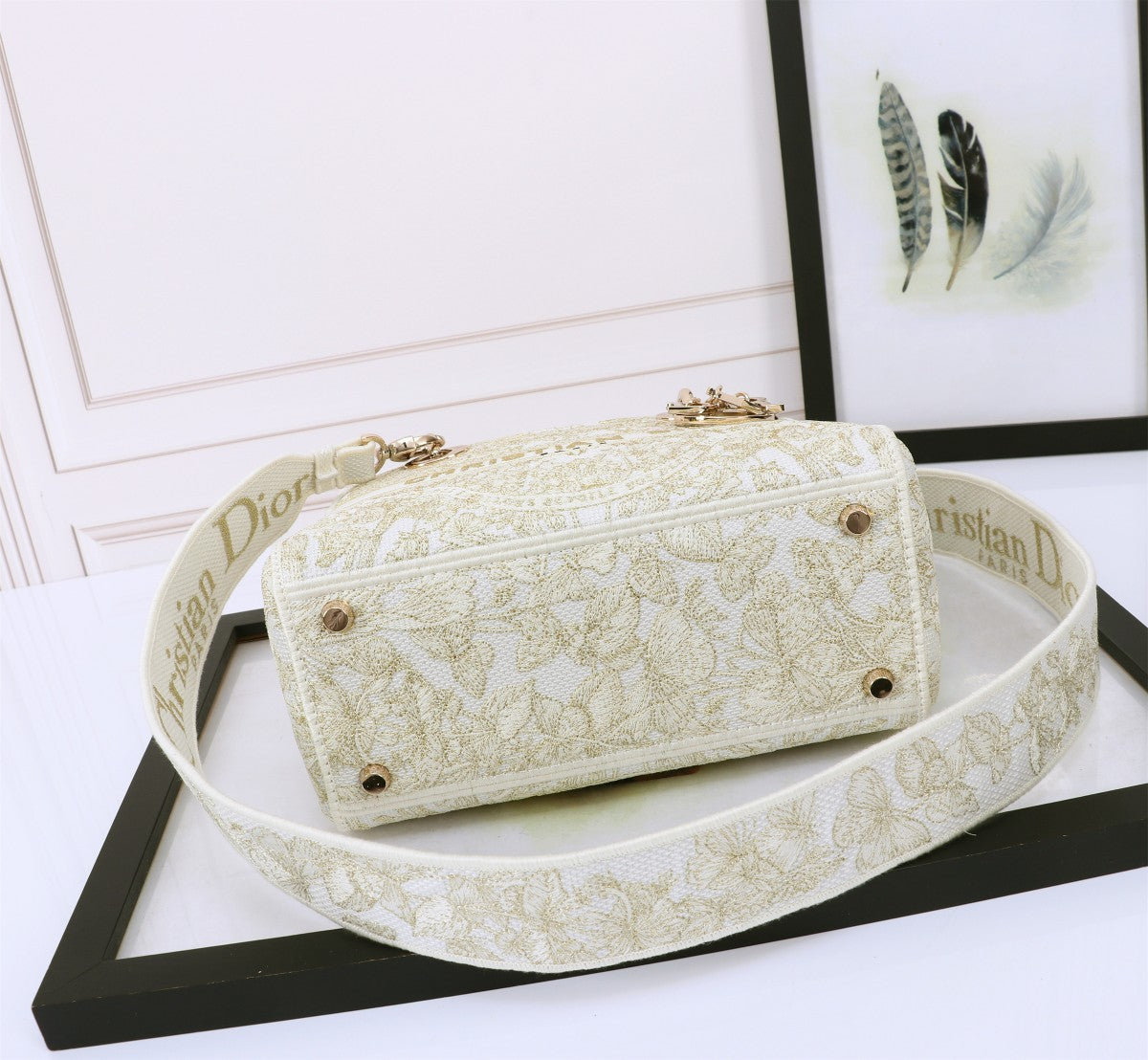 Christian Dior Lady D-Lite Medium Bag - White Embroidered Toile de Jouy Canvas