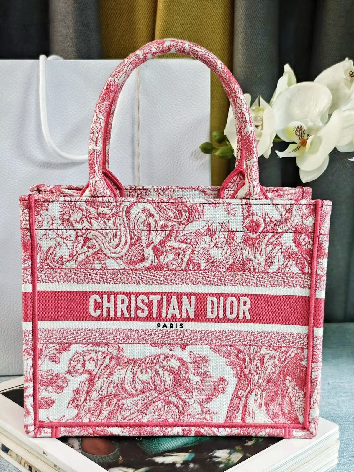 Dior Vintage Pink Toile de Jouy Canvas Tote Bag Top Handle Handbag