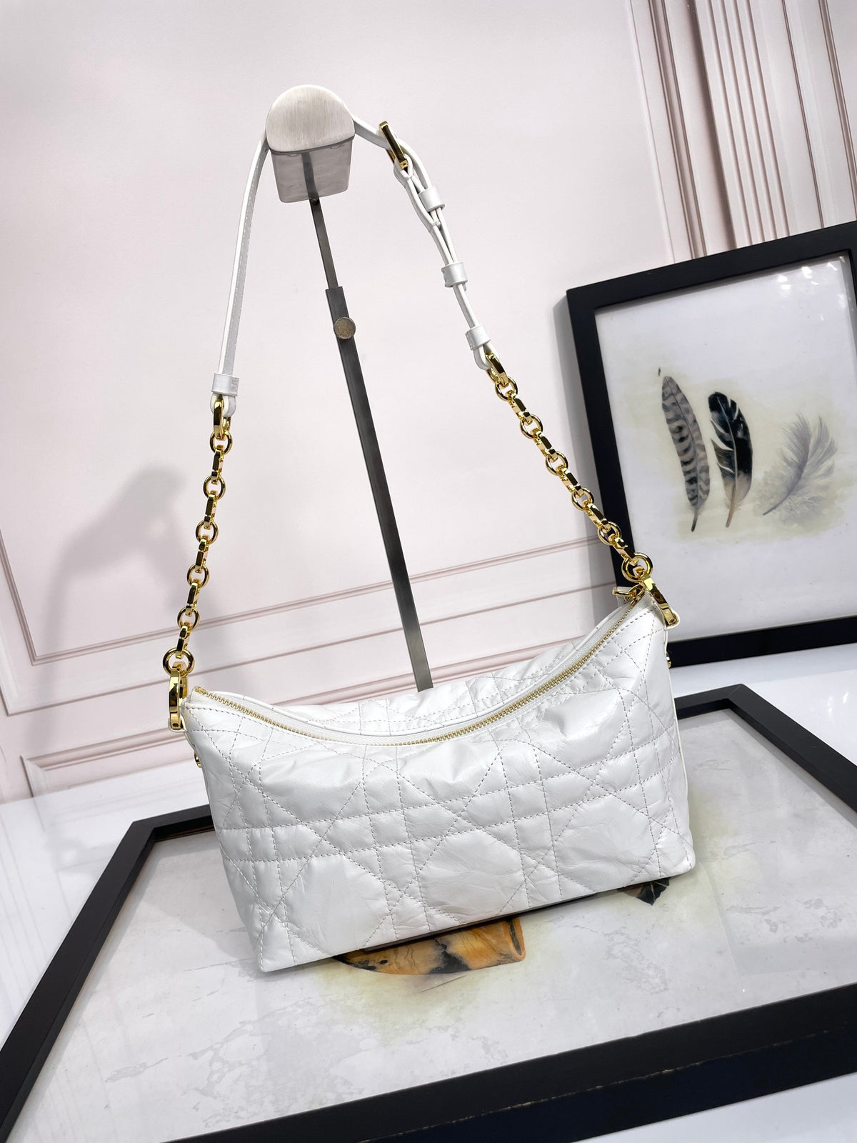 Elegant White Quilted Shoulder Bag with Gold-Tone Chain Strap