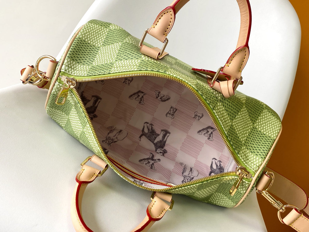 Louis Vuitton Green Checkered Canvas Duffle Handbag with Leather Handles
