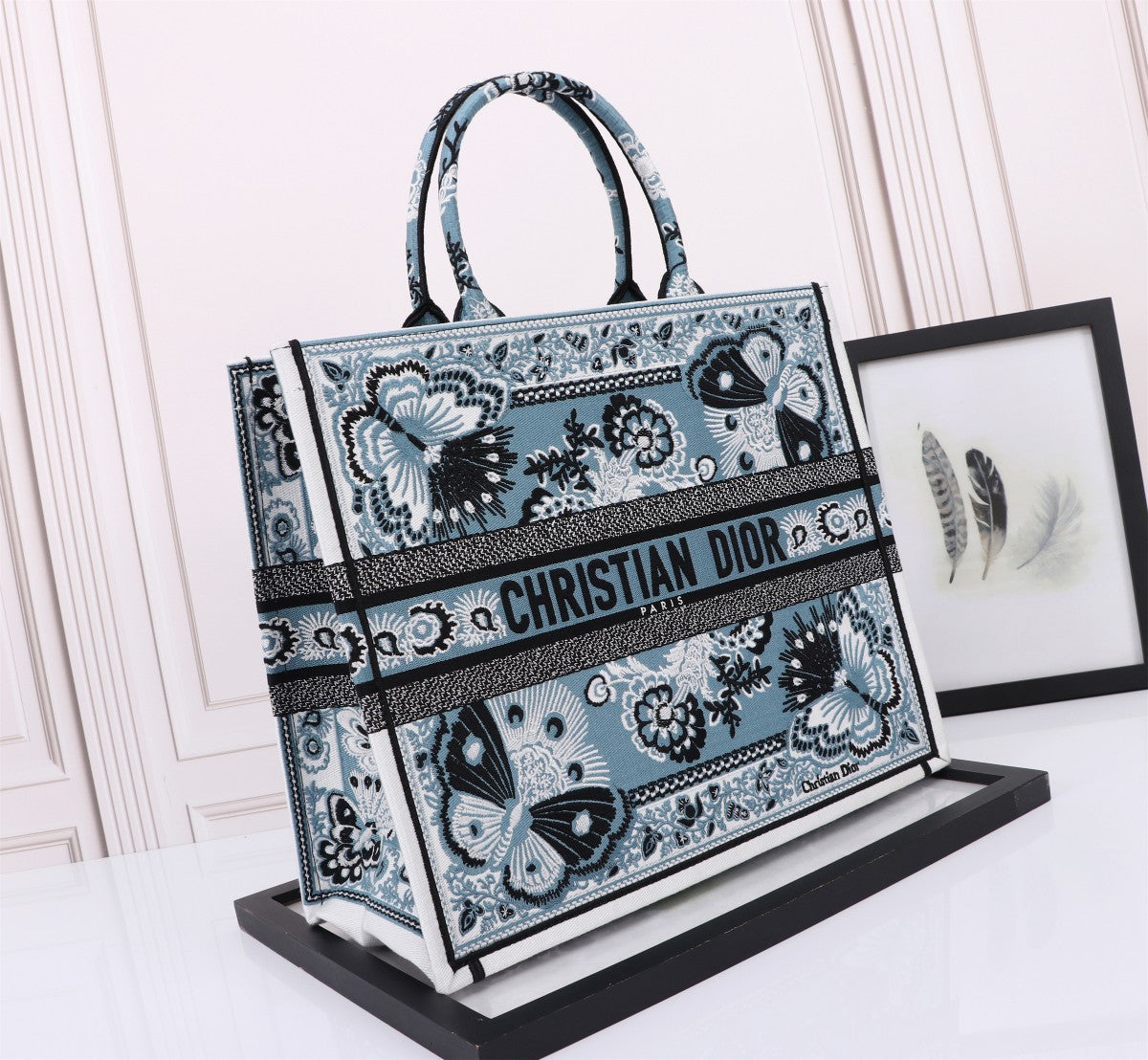 Dior Blue Butterfly Embroidered Canvas Tote Bag with Top Handles