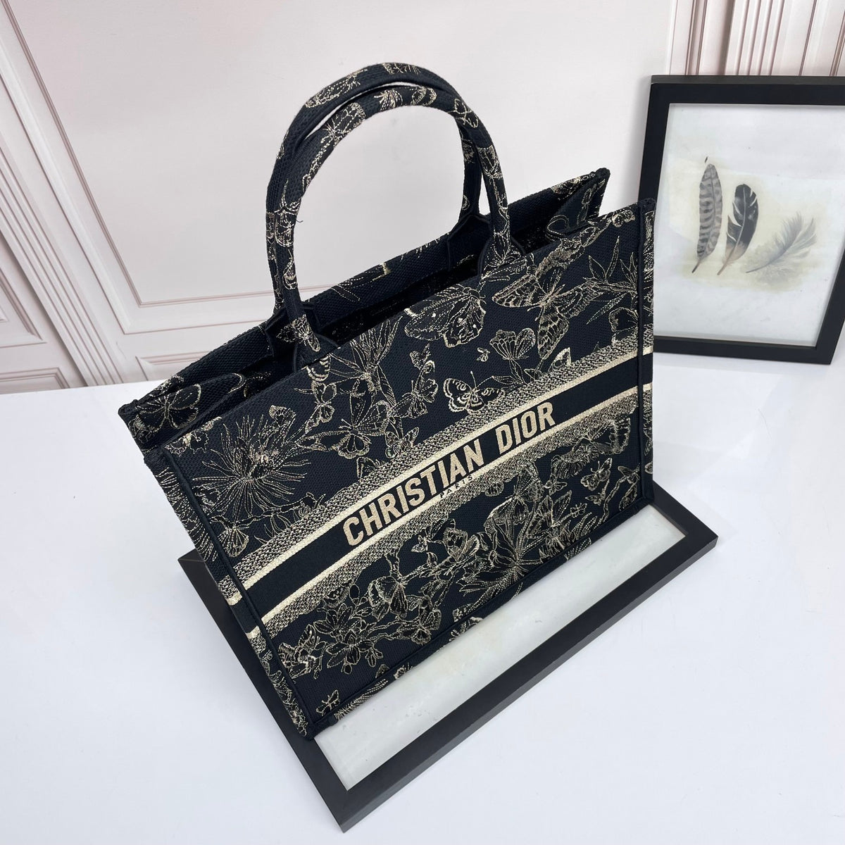 Christian Dior Book Tote Black with Gold Butterfly Embroidery Canvas Handbag