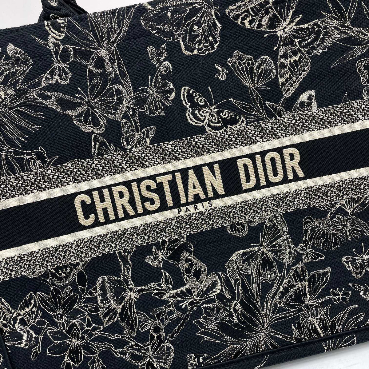 Christian Dior Book Tote Black with Gold Butterfly Embroidery Canvas Handbag