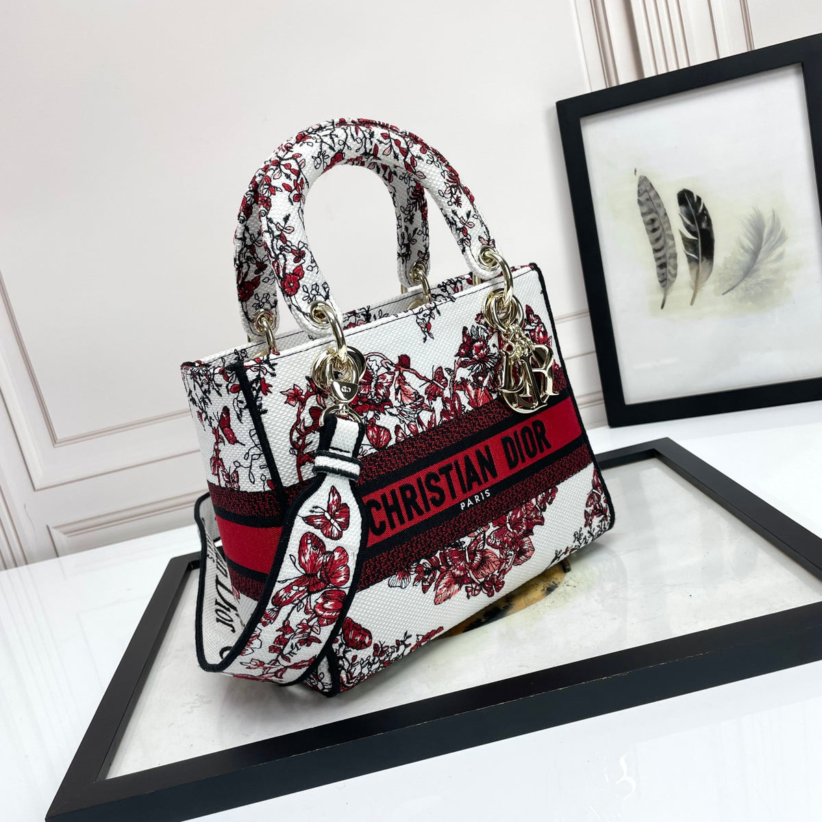 Dior Luxury Red Floral Butterfly Embroidered Handbag with Wide Strap
