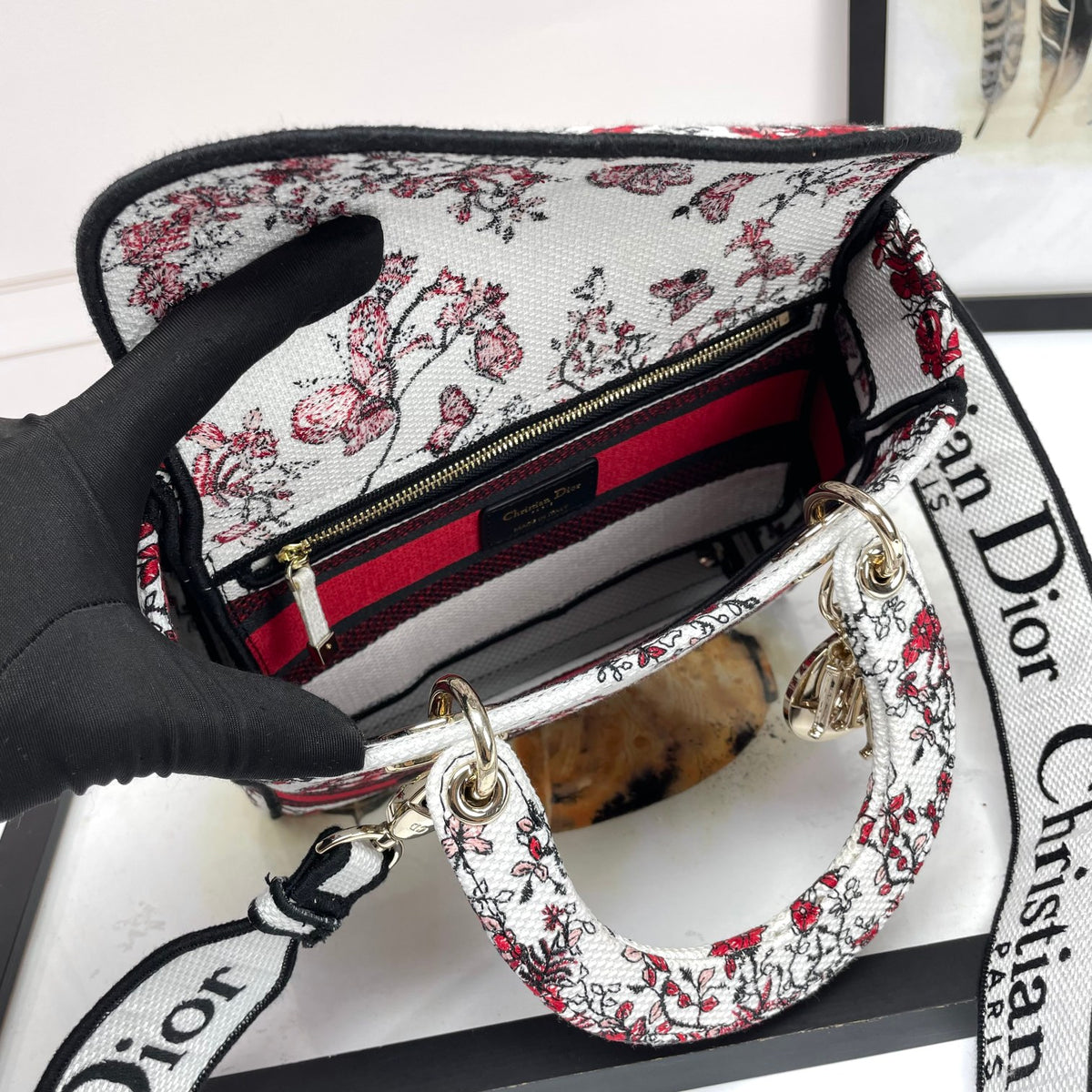 Christian Dior Lady D-Lite Bag - Red and White Butterfly Embroidered Canvas