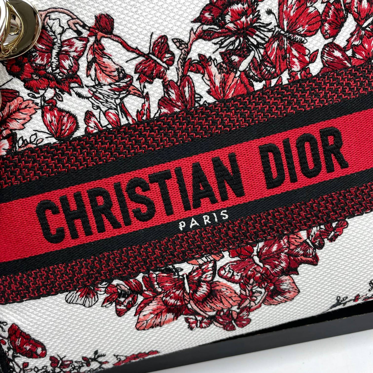 Christian Dior Lady D-Lite Bag - Red and White Butterfly Embroidered Canvas