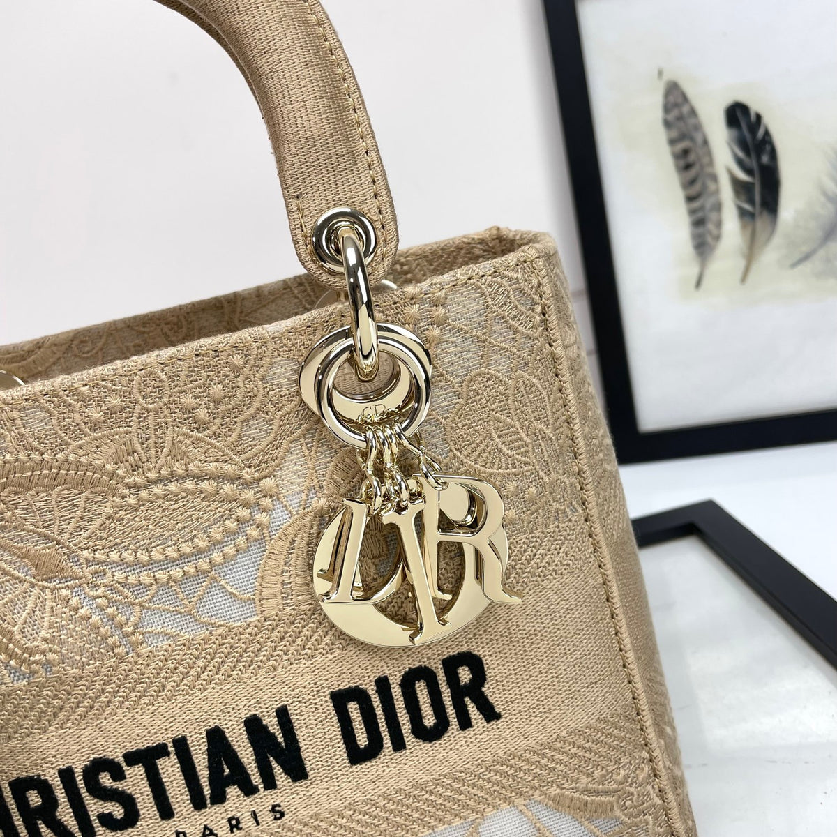 Christian Dior Lady D-Lite Handbag Beige Embroidered Canvas
