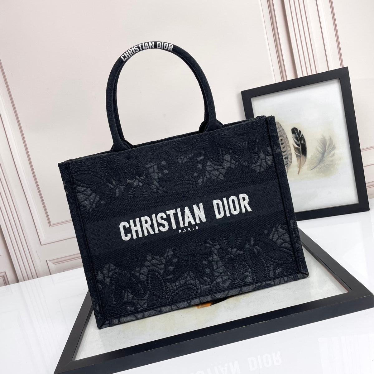 Christian Dior Medium Book Tote - Black Embroidered Canvas Handbag