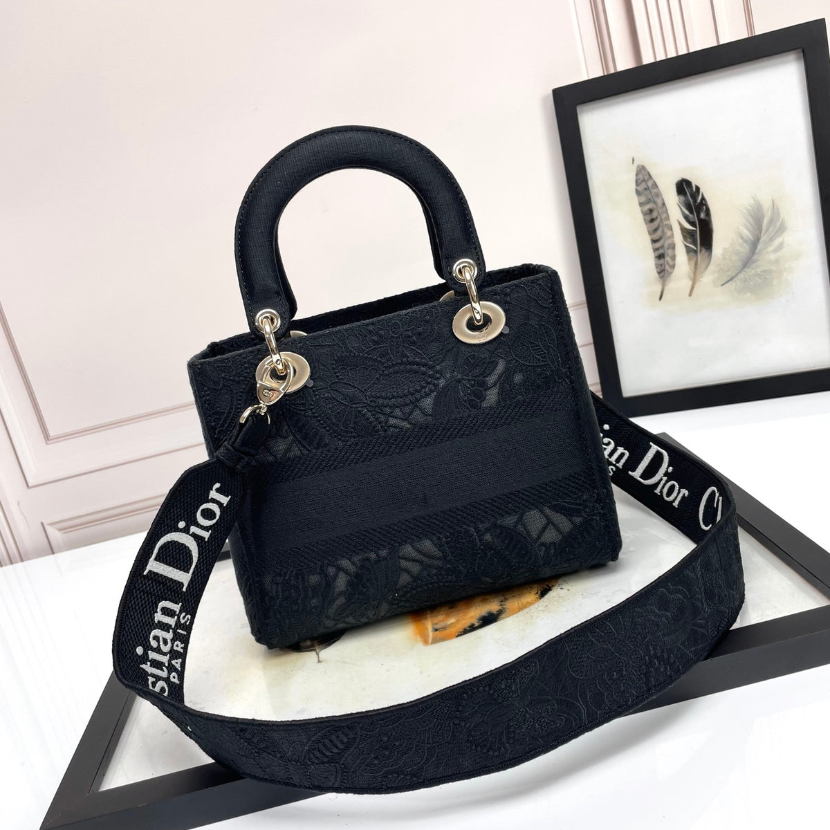 Dior Elegant Black Embroidered Canvas Handbag with Top Handle
