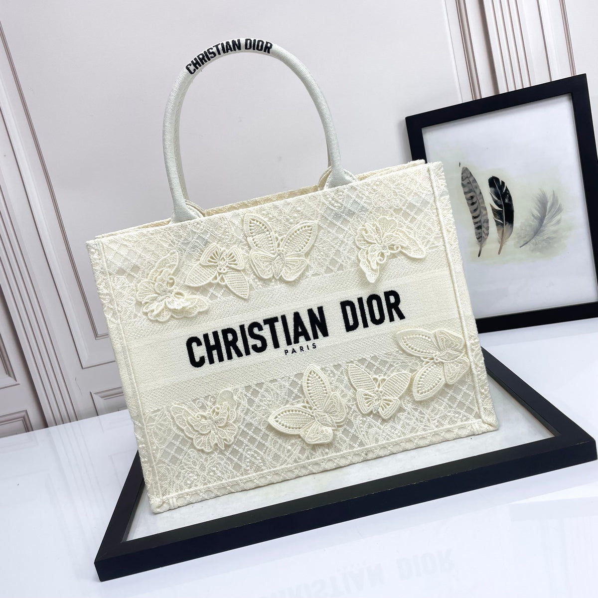 Christian Dior Medium Book Tote - White Butterfly Embroidery Canvas Bag