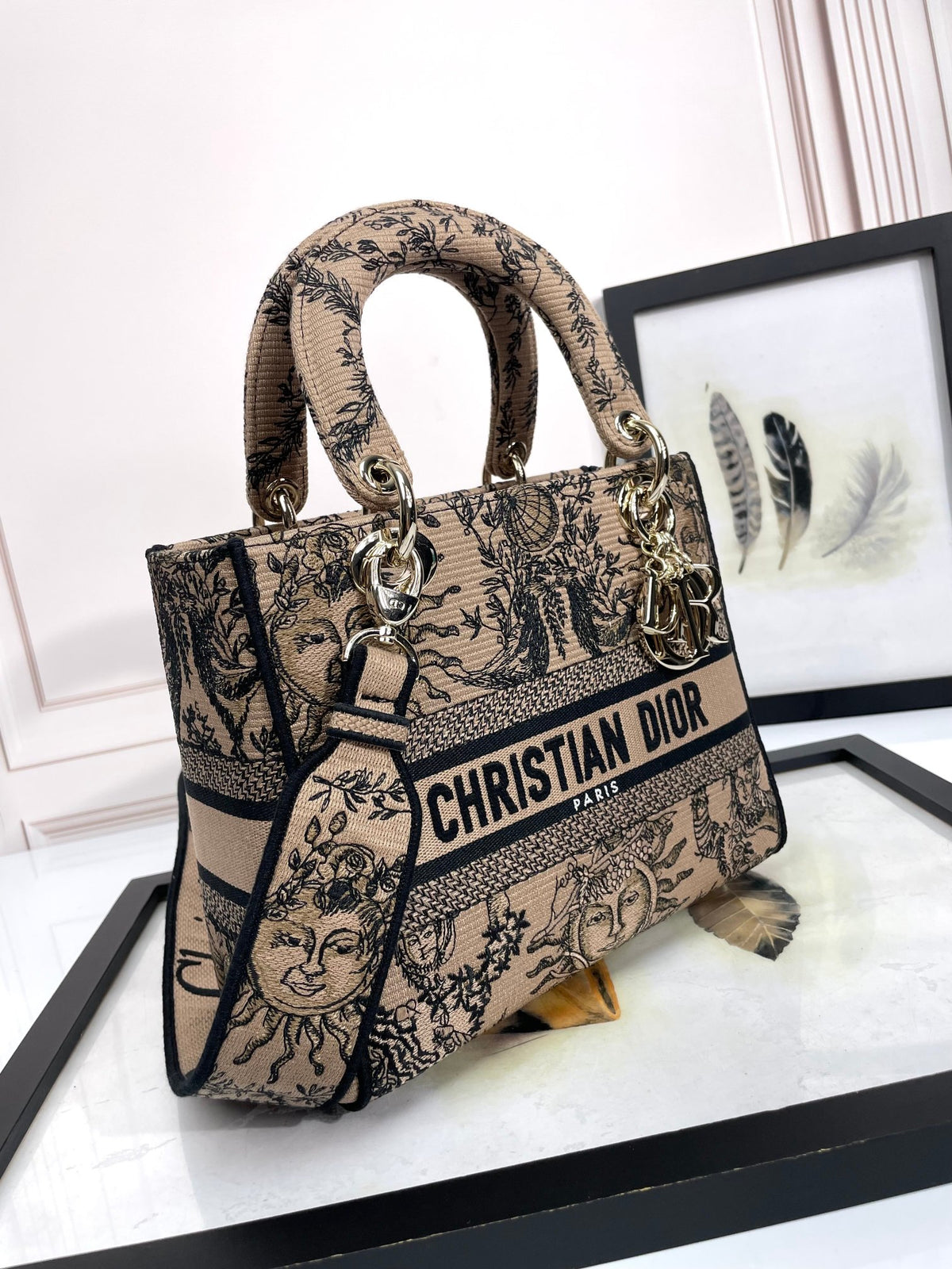 Christian Dior Medium Lady D-Lite Bag Embroidered Sun Motif Beige &amp; Black Canvas
