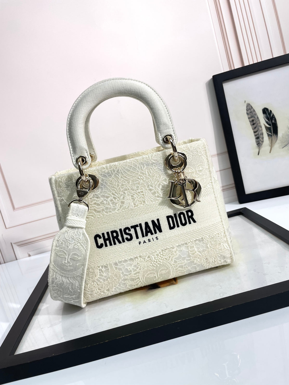 Christian Dior Lady D-Lite Embroidered Handbag - White Luxury Canvas Bag with Shoulder Strap