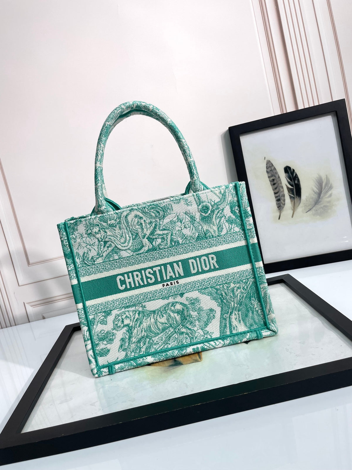 Christian Dior Medium Book Tote Green Toile de Jouy Embroidery