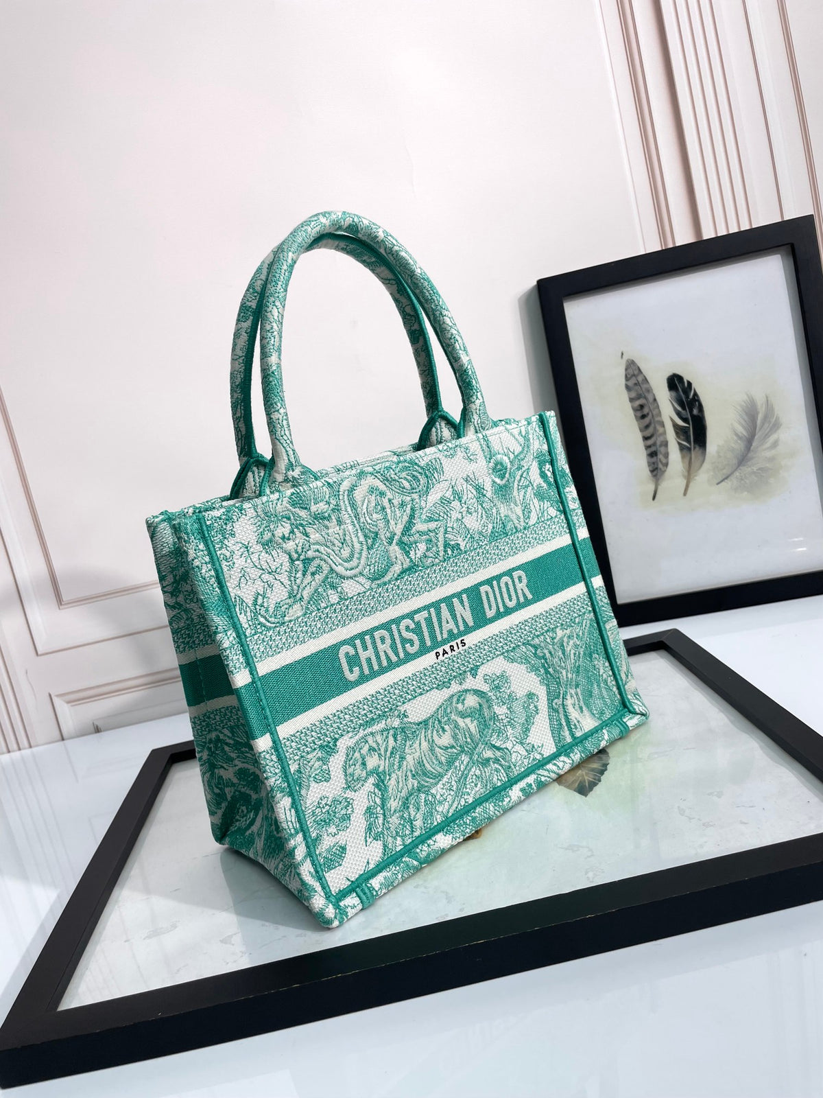 Christian Dior Medium Book Tote Green Toile de Jouy Embroidery