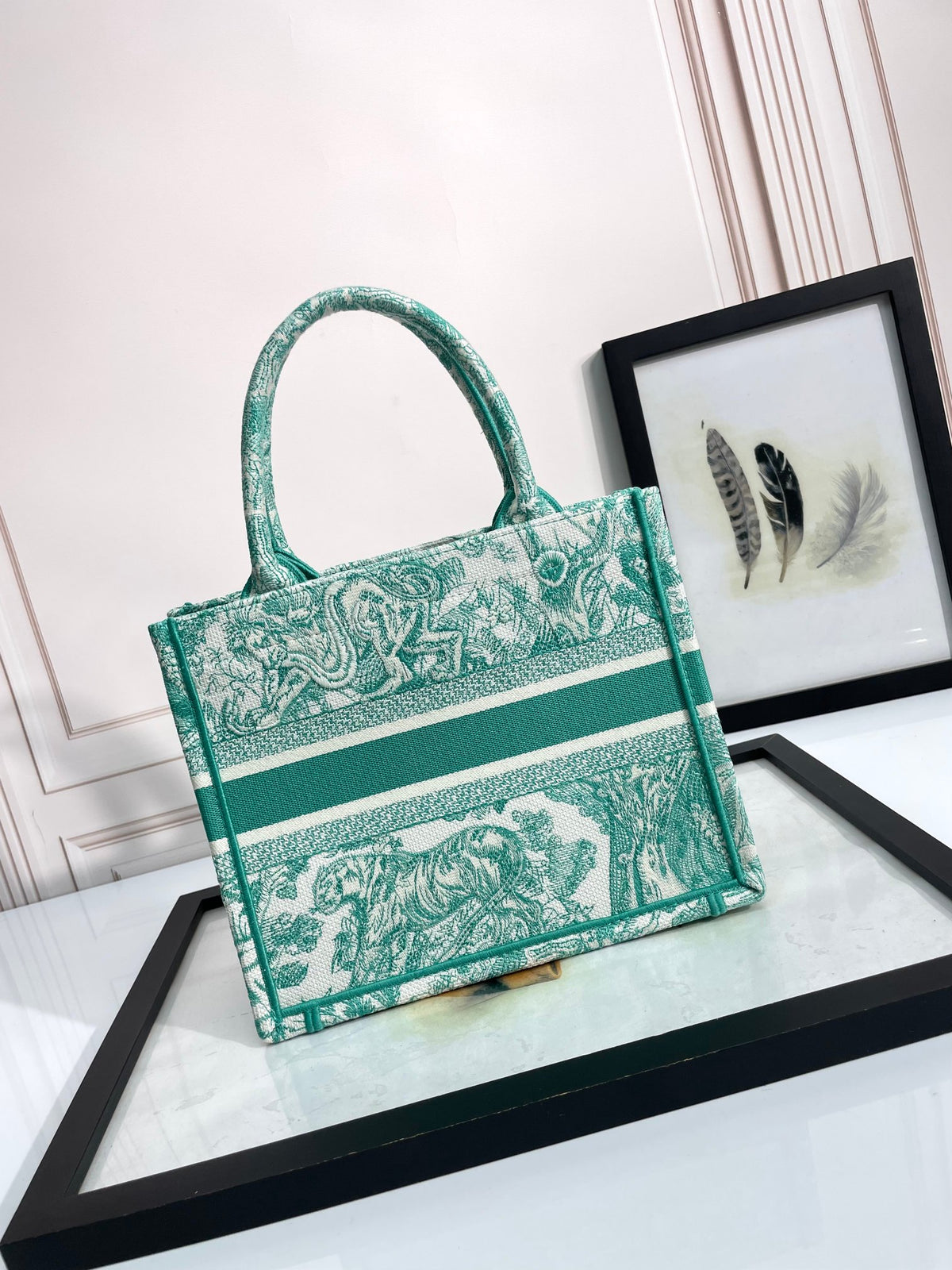 Christian Dior Medium Book Tote Green Toile de Jouy Embroidery