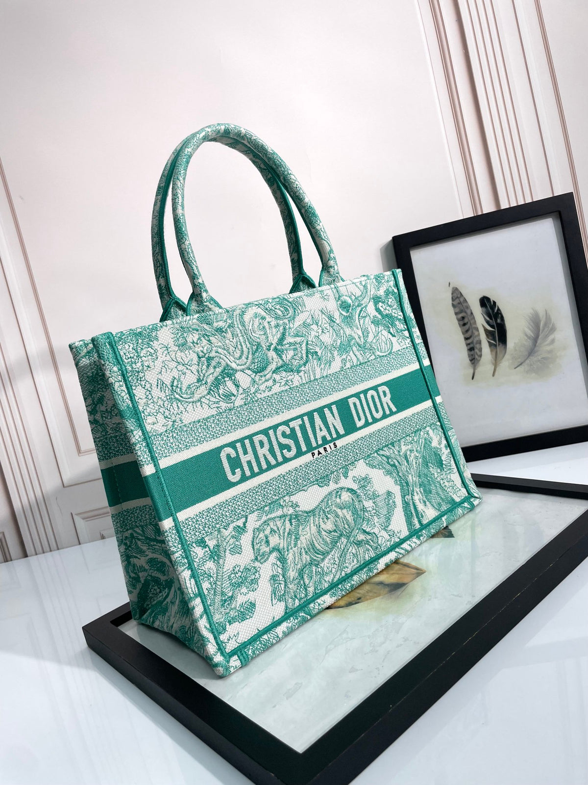 Christian Dior Medium Book Tote - Green Toile de Jouy Embroidery