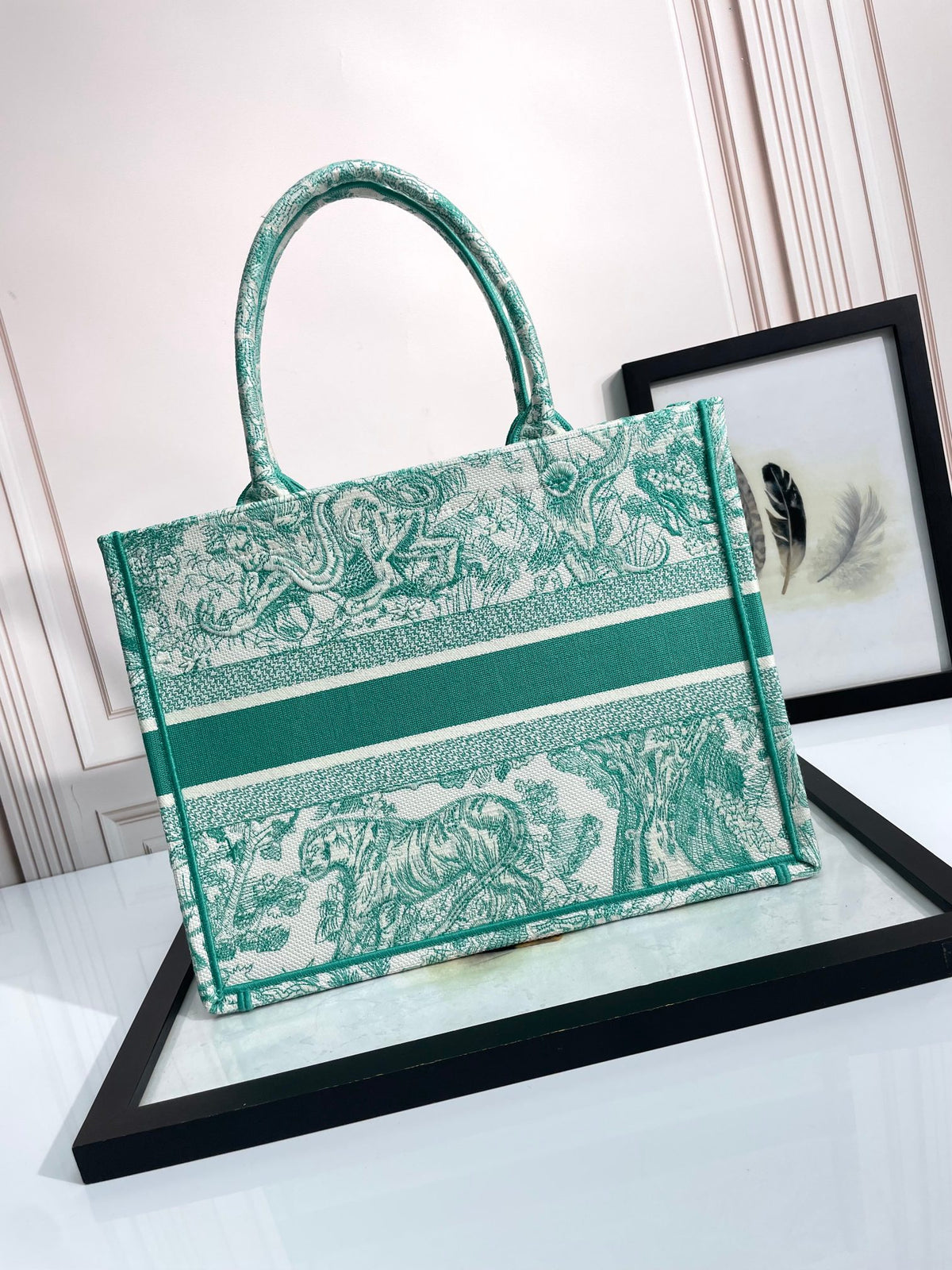 Christian Dior Medium Book Tote - Green Toile de Jouy Embroidered Canvas