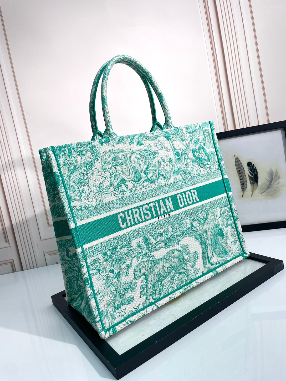 Christian Dior Large Book Tote - Green Toile de Jouy Sauvage Embroidery