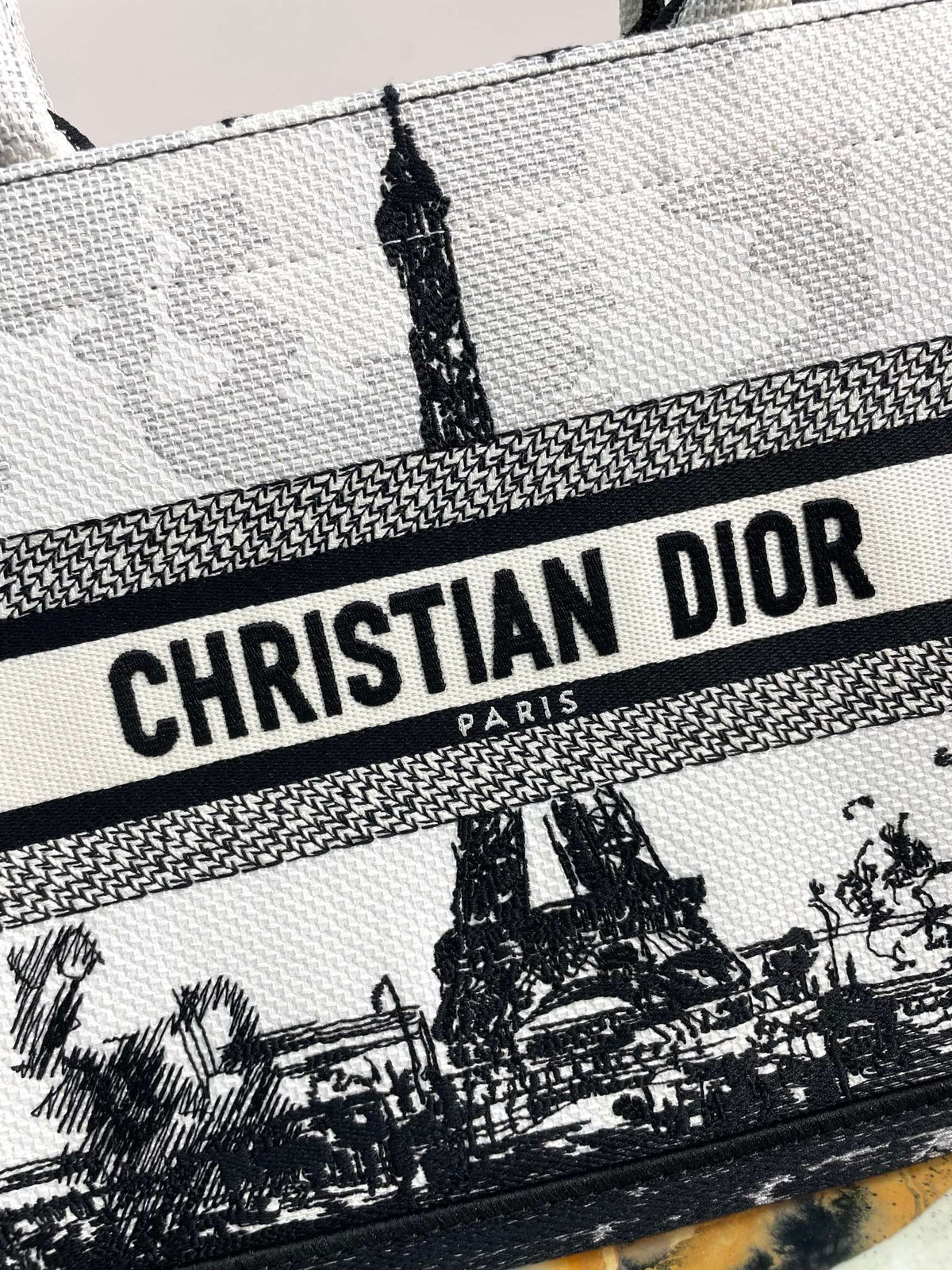 Dior Black and White Paris Eiffel Tower Embroidered Canvas Tote Bag