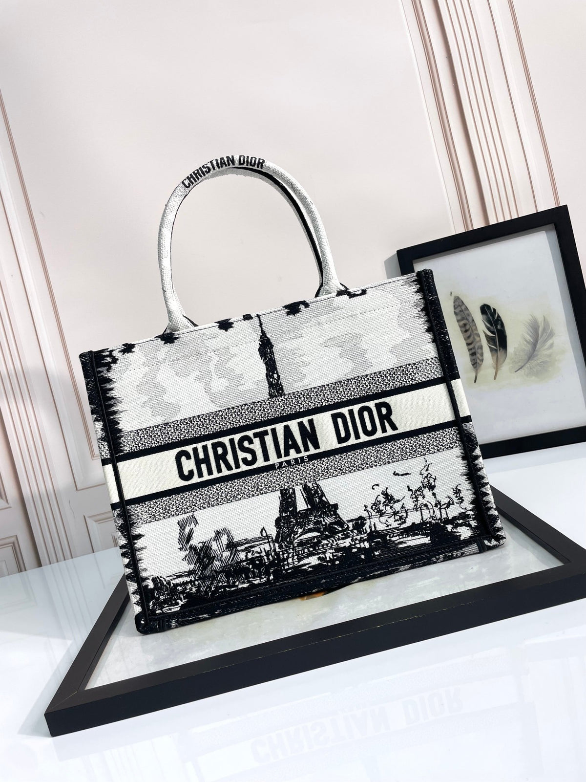 Christian Dior Paris Print Book Tote Bag - Black and White Eiffel Tower Motif