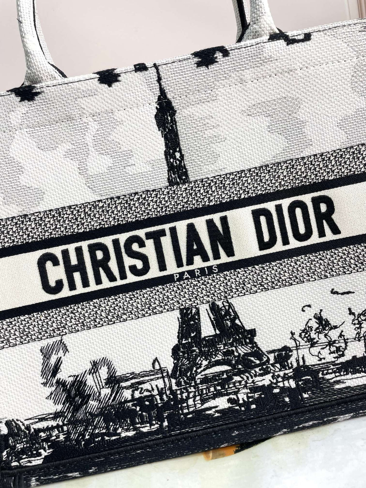 Christian Dior Paris Print Book Tote Bag - Black and White Eiffel Tower Motif