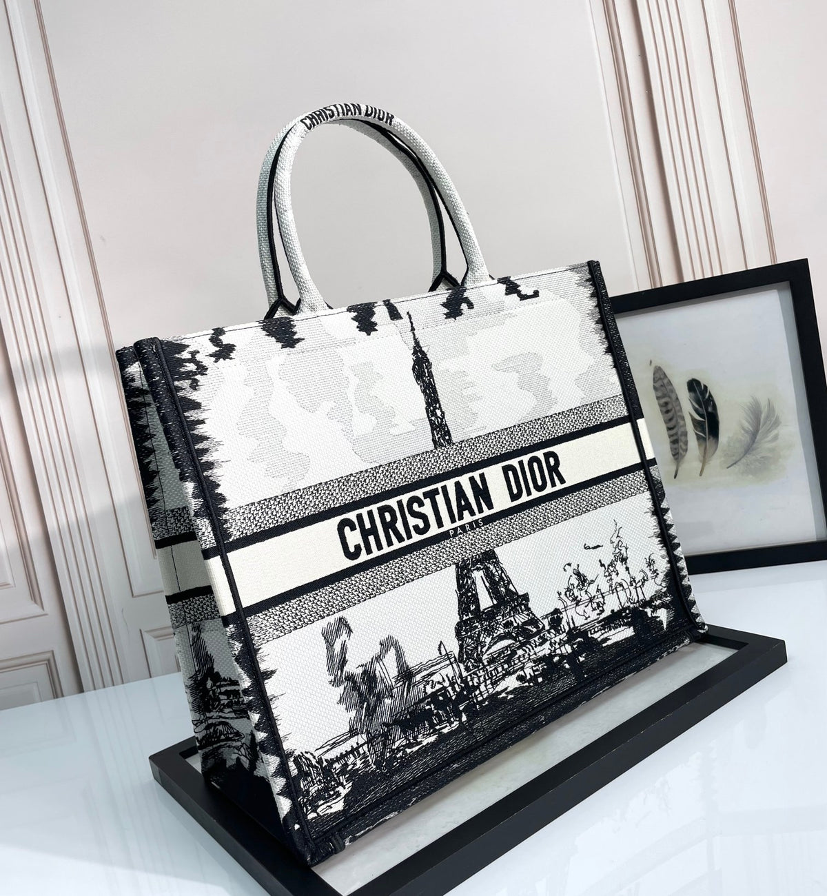 Christian Dior Large Book Tote Bag Black and White Paris Eiffel Tower Embroidery