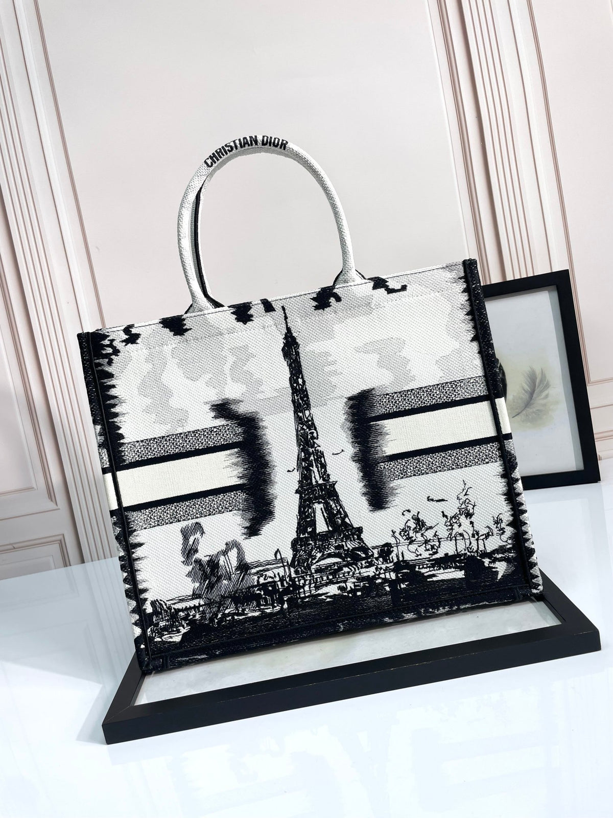 Christian Dior Large Book Tote Bag Black and White Paris Eiffel Tower Embroidery