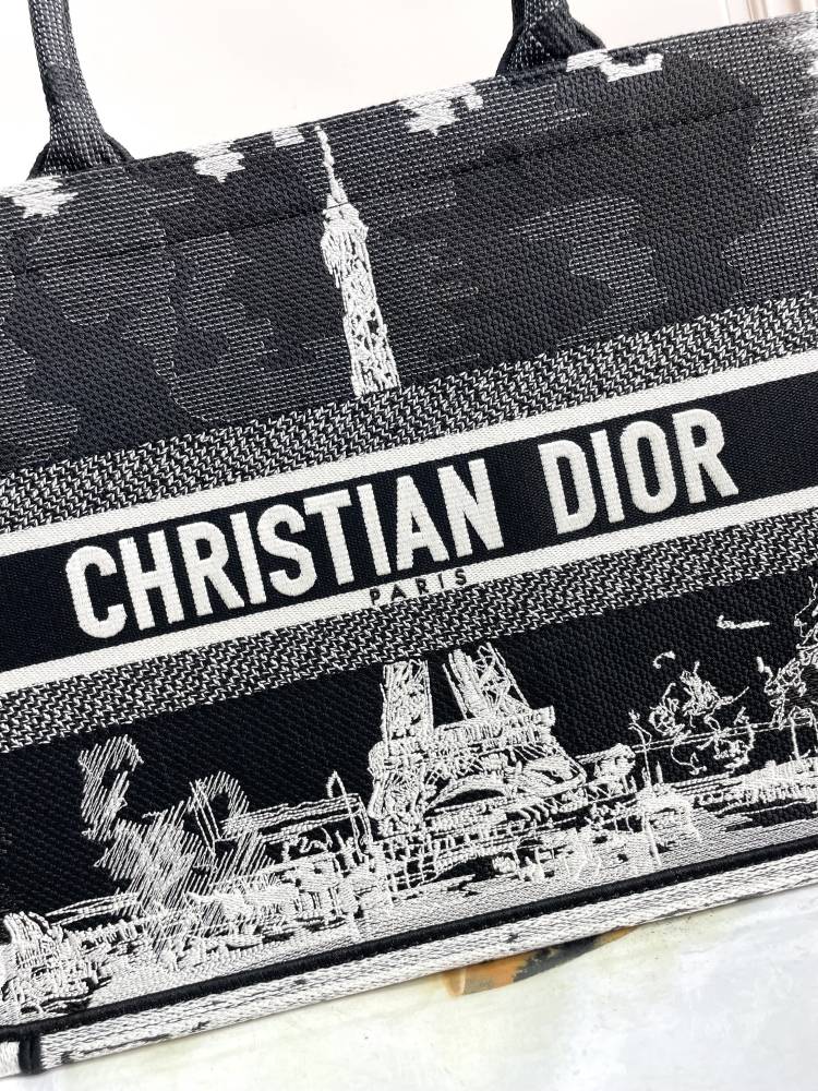 Christian Dior Book Tote Plan de Paris Bag Black and White Embroidery