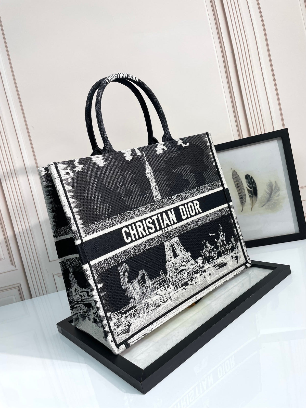 Dior Black and White Paris Eiffel Tower Embroidered Canvas Tote Bag