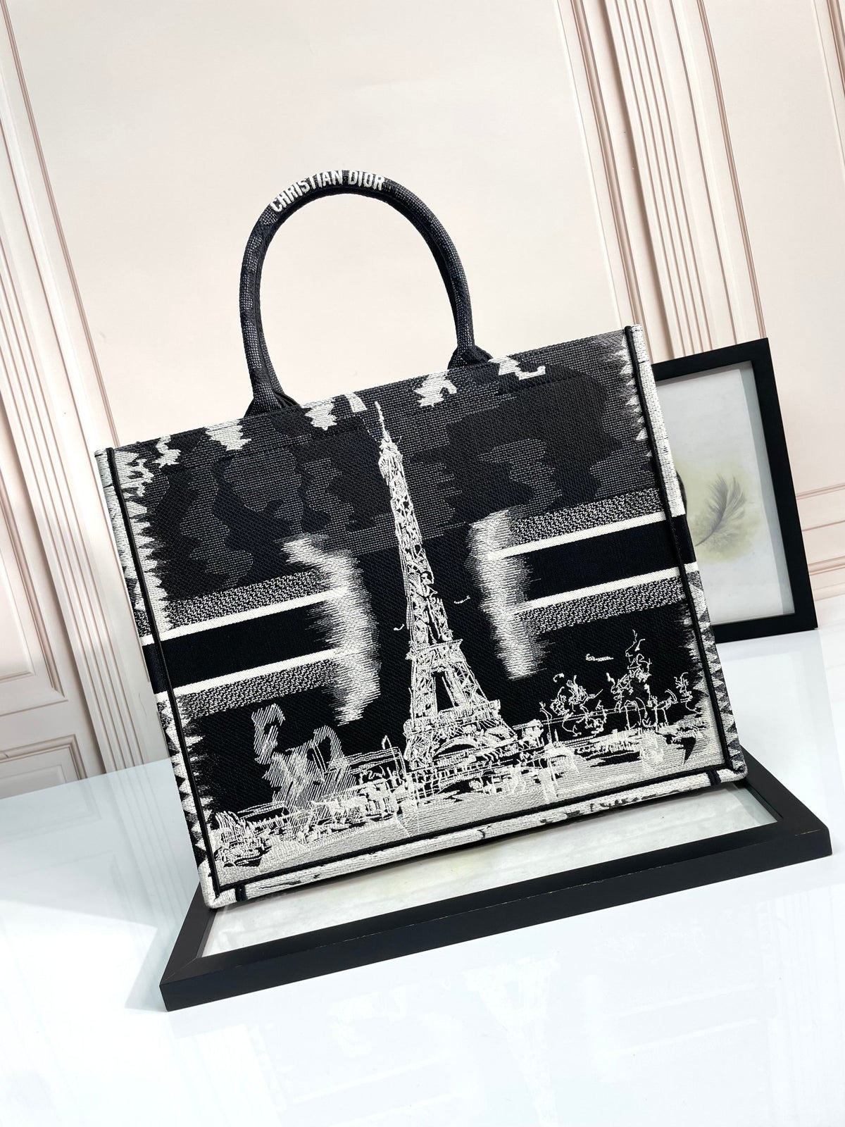 Dior Black and White Paris Eiffel Tower Embroidered Canvas Tote Bag