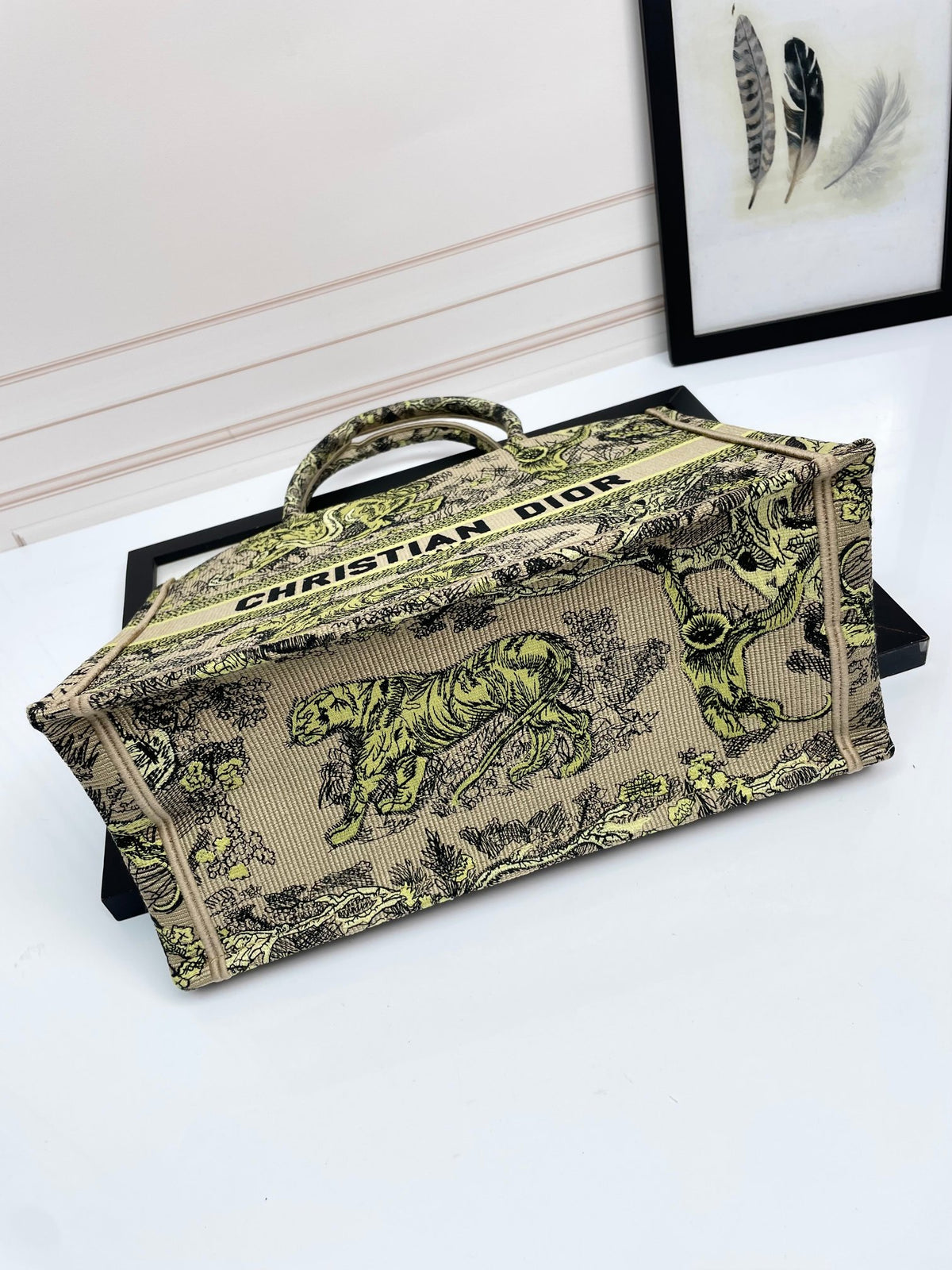 Christian Dior Medium Book Tote Lime Green Toile de Jouy Sauvage Embroidery