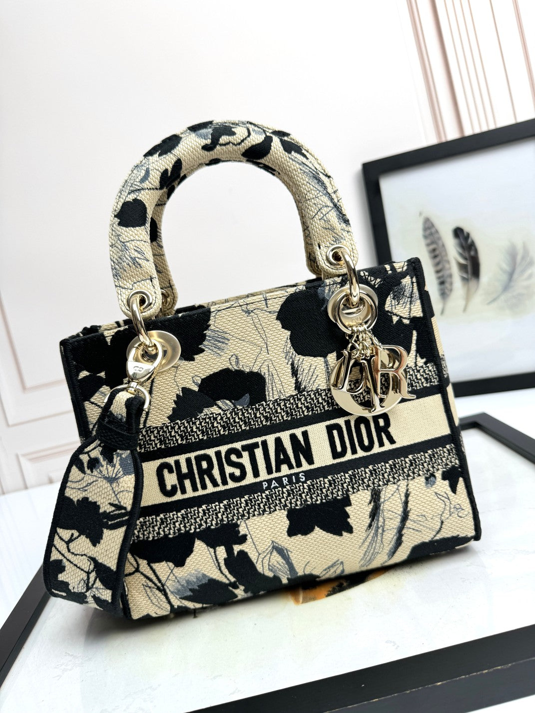 Christian Dior Medium Lady D-Lite Bag - Black & White Floral Embroidery