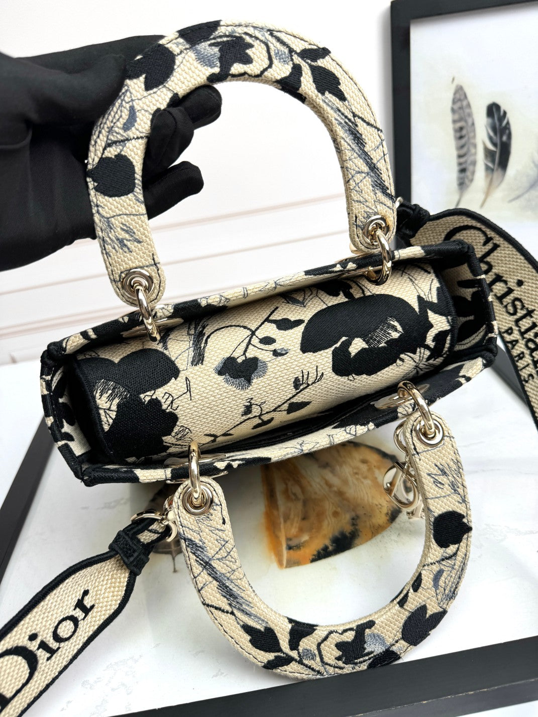 Christian Dior Medium Lady D-Lite Bag - Black & White Floral Embroidery
