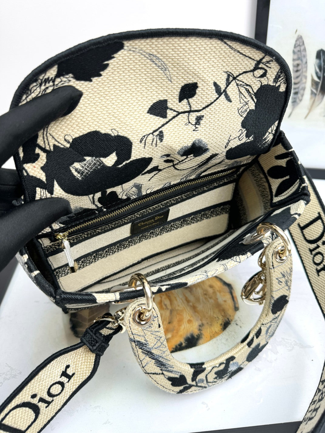 Christian Dior Lady D-Lite Medium Bag Black and White Floral Embroidery