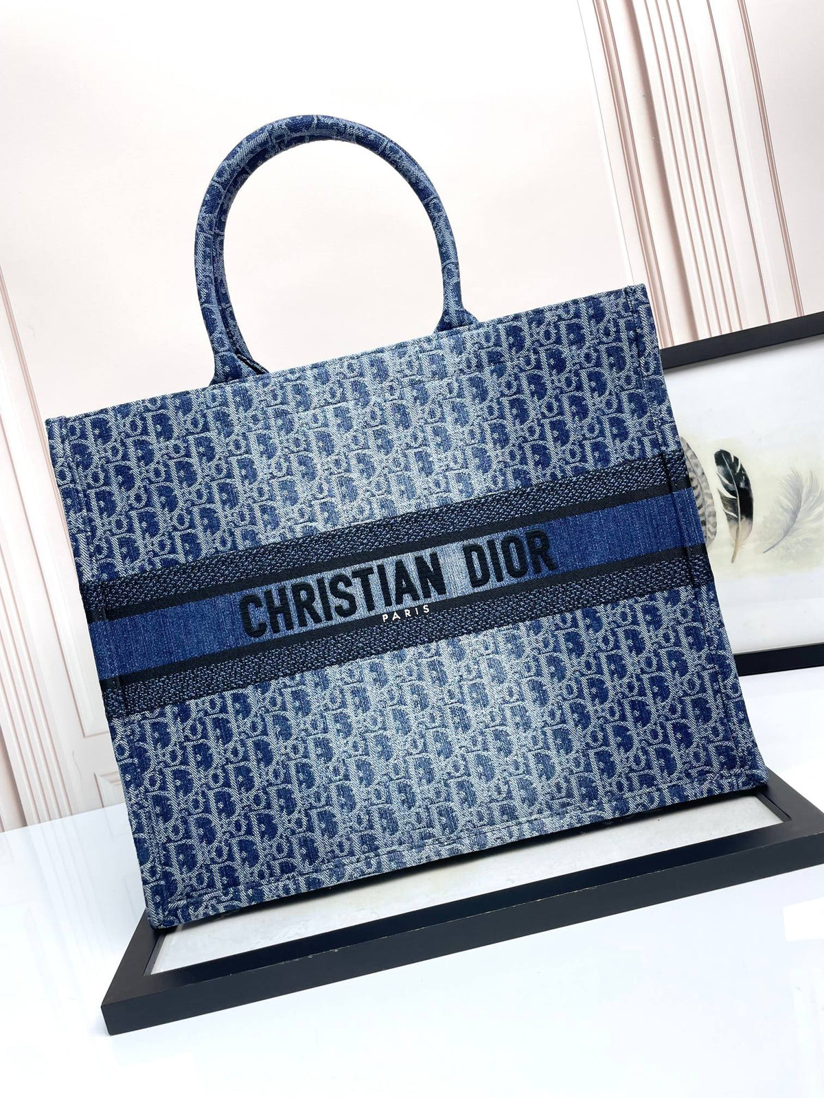 Christian Dior Large Book Tote Blue Dior Oblique Embroidery