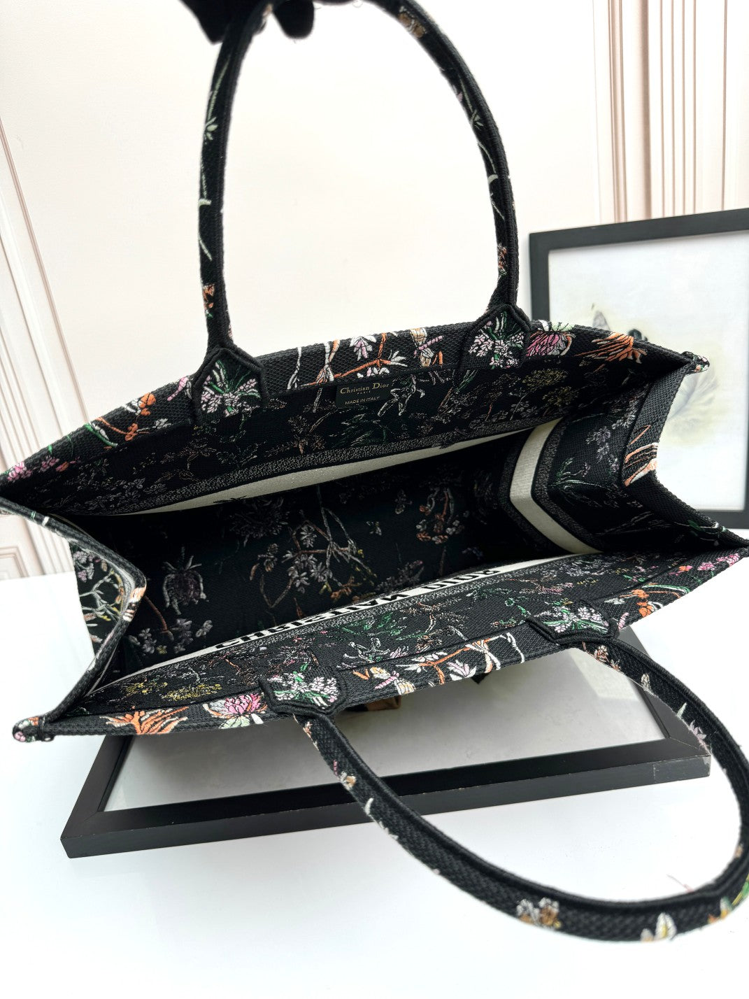 Christian Dior Large Book Tote Black Dior Flowers Embroidered Canvas Bag
