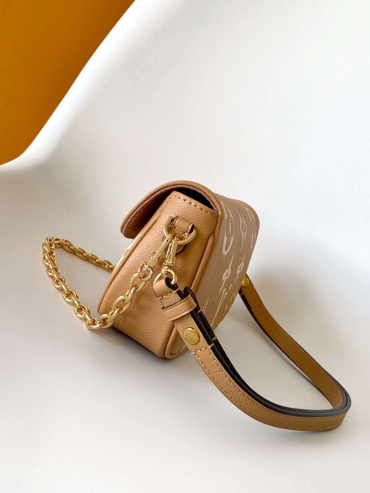 Louis Vuitton Elegant Beige Monogram Leather Crossbody Bag with Gold Chain