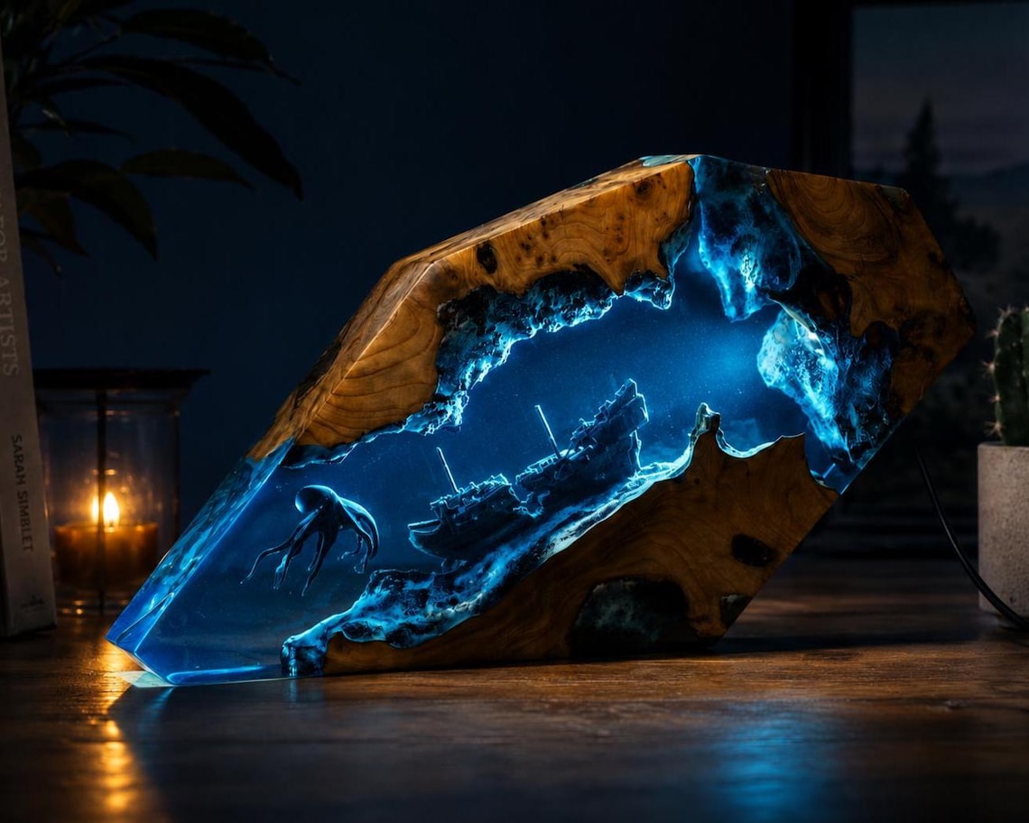 Octopus Resin Lamp, Kraken Shipwreck Night Light, Pirate Ship Resin Wood Lamp, Deep Sea Desk Decor for Ocean Lovers